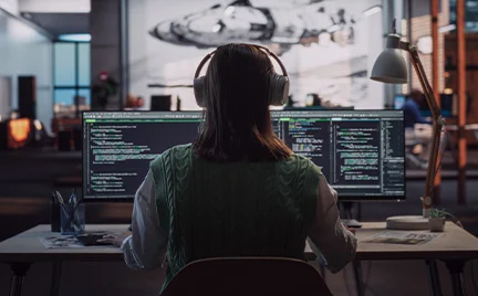 Programuotoja sėdi prie stalo su dviem monitoriais