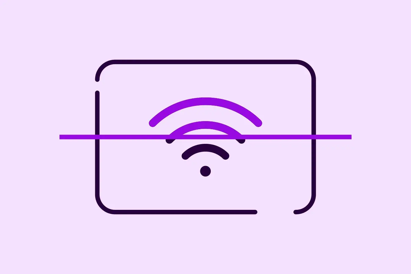 Ekrano ikona šviesiai violetiniame fone, kurio viduje yra WiFi ženklas perskirtas su tiesia linija, simbolizuojant skenavimą