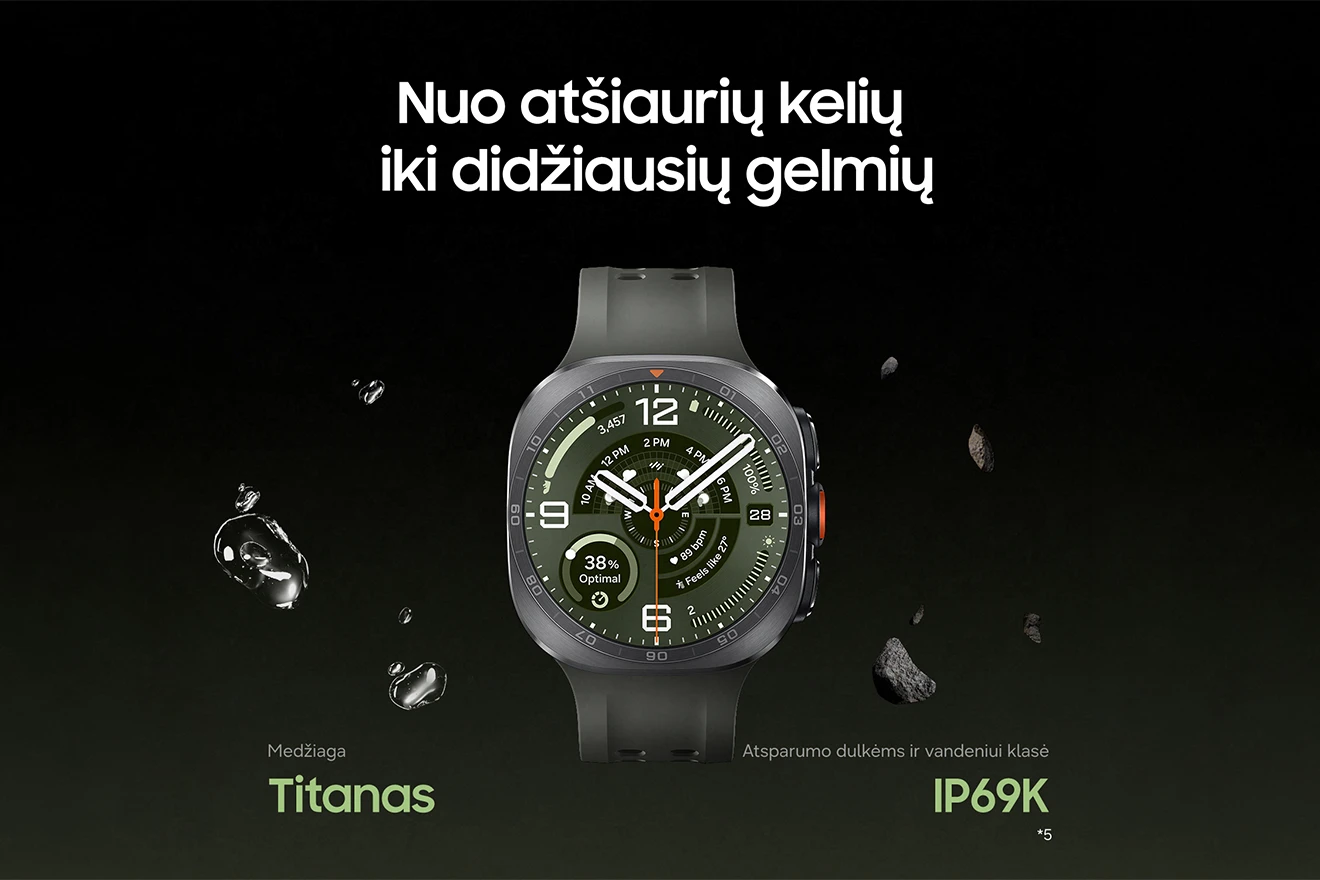 „Galaxy Watch Ultra2“ iš titano ir užrašas: „Nuo atšiaurių kelių iki didžiausių gelmių“
