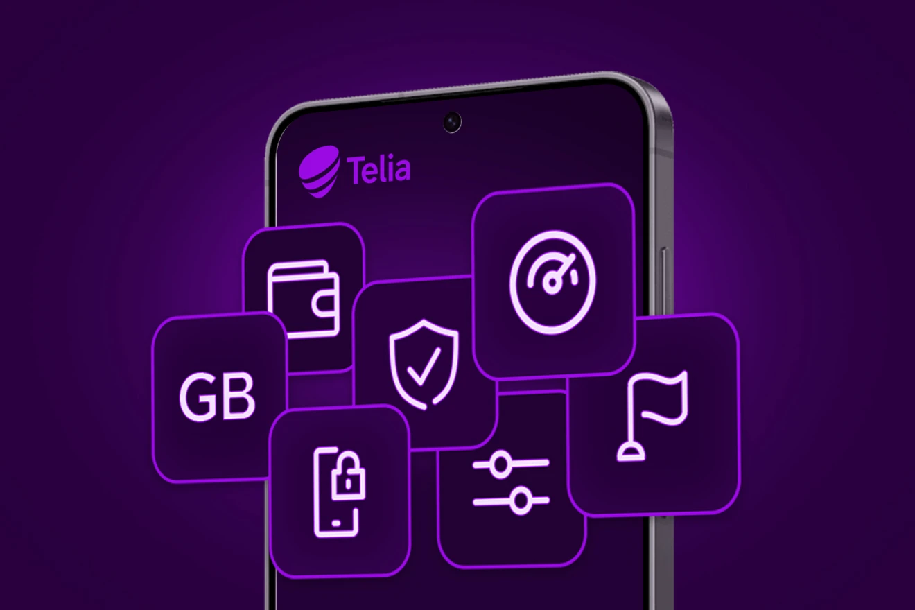 Telefone violetiniame fone rodomos įvairios ikonėlės kaip Telia naudos prie mobilaus ryšio paslaugos