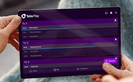 Telia Play kanalai planšetinio kompiuterio ekrane