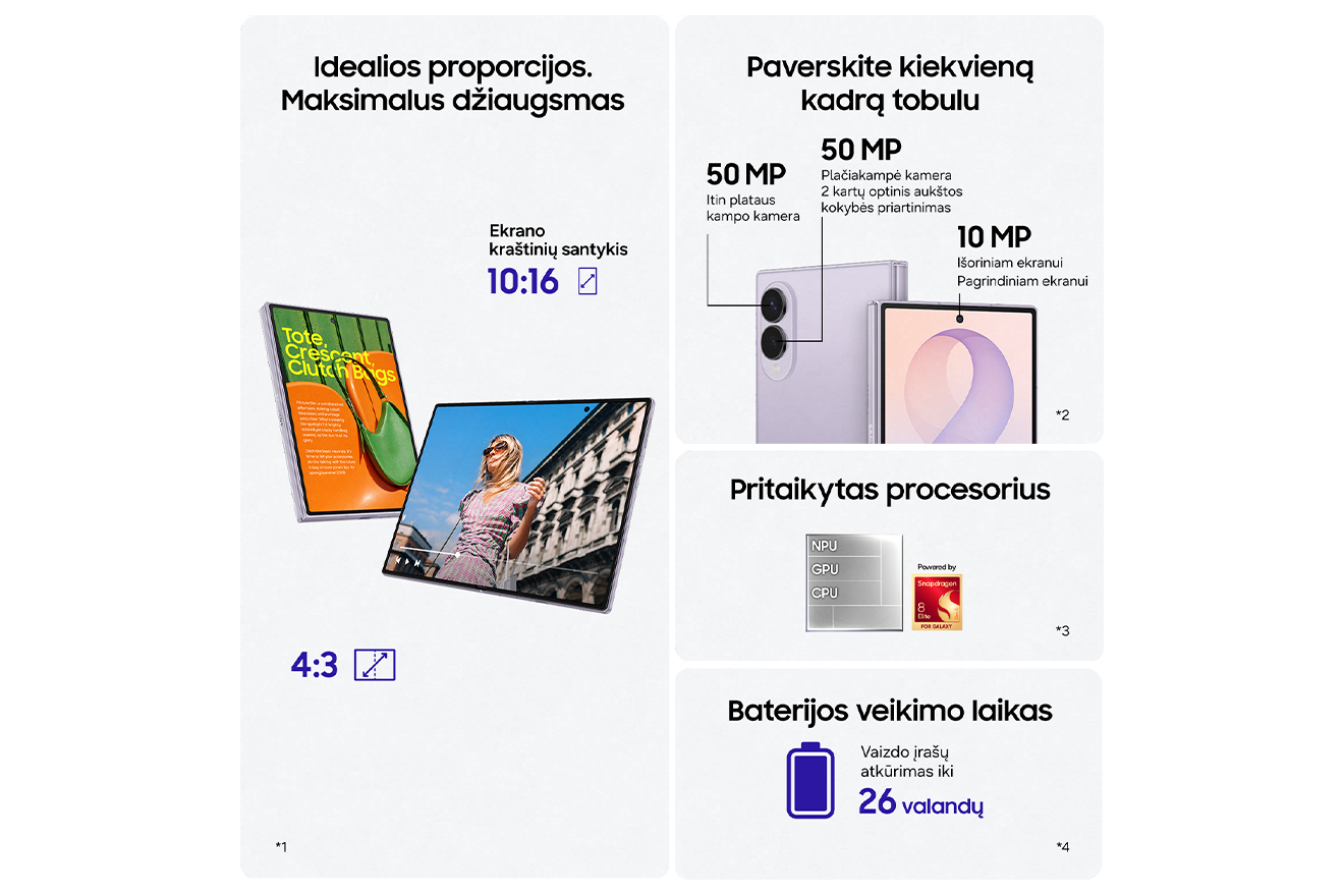 „Galaxy Fold8“ pagrindinės savybės ir užrašai: „Idealios proporcijos. Maksimalus džiaugsmas“, „Paverskite kiekvieną kadrą tobulu“, „Pritaikytas procesorius“, „Baterijos veikimo laikas“"