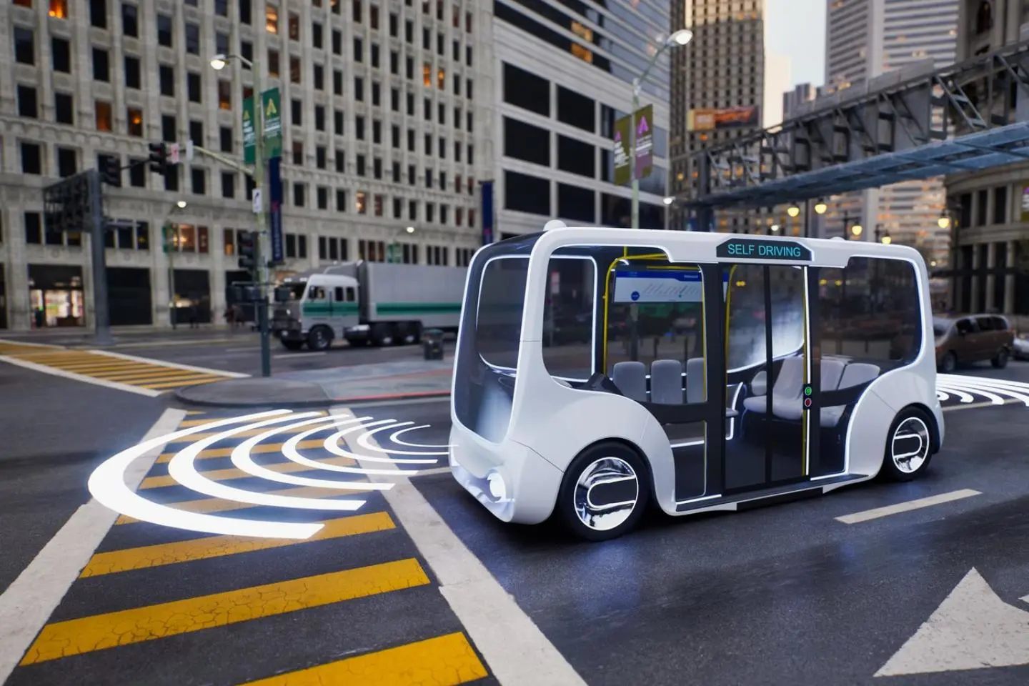 Modernus autonominis autobusas stovi miesto gatvėje. Ant kelio pavaizduotos jutiklių veikimą simbolizuojančios šviesios linijos.
