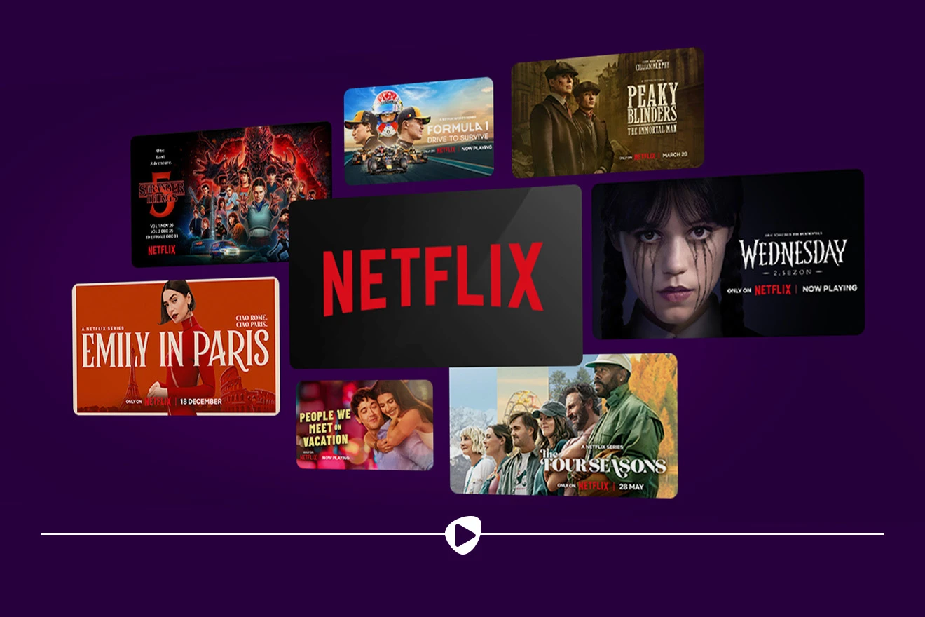 Netflix siūlomo turinio koliažas su Netflix ir Telia Play logotipais