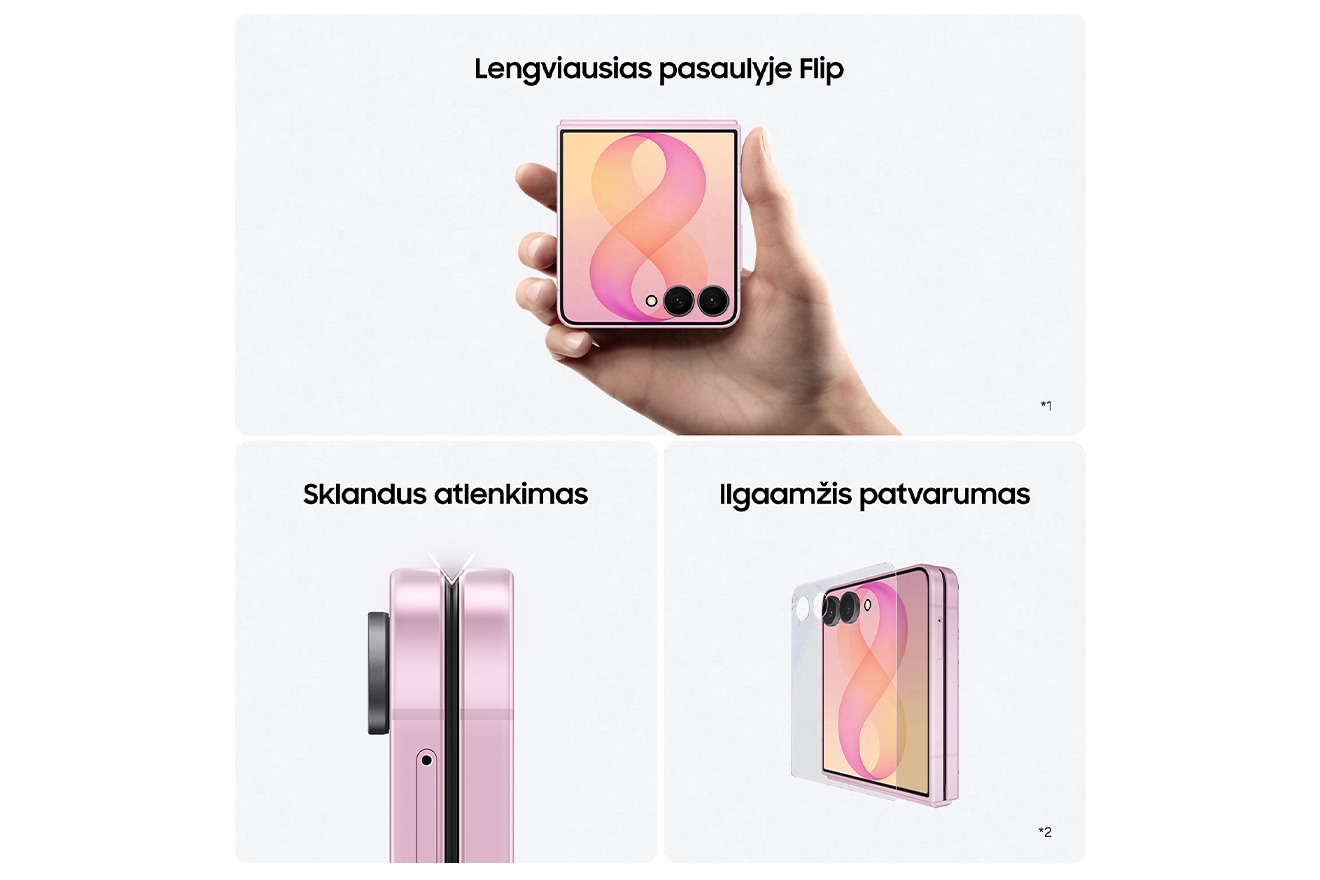 Tris „Galaxy Flip8“ nuotraukų kortelės ir virš jų užrašai: „Lengviausias pasaulyje Flip“, „Sklandus atlenkimas“, „Ilgaamžis patvarumas“