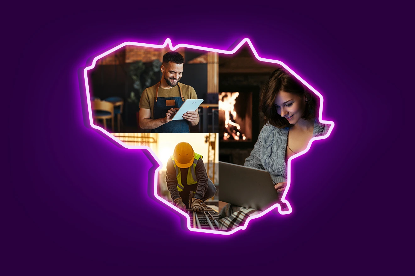 Violetinis Lietuvos žemėlapis telefone - Telia 5G ryšys padengia iki 95% Lietuvos
