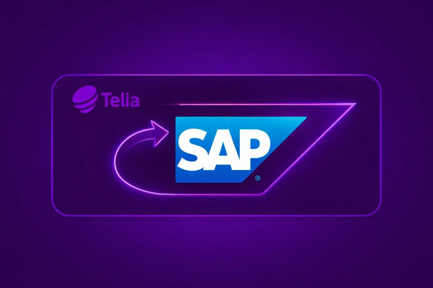 Grafinis vizualas su „Telia“ ir SAP logotipais bei rodykle, vaizduojančia sistemų sujungimą ir duomenų mainus.