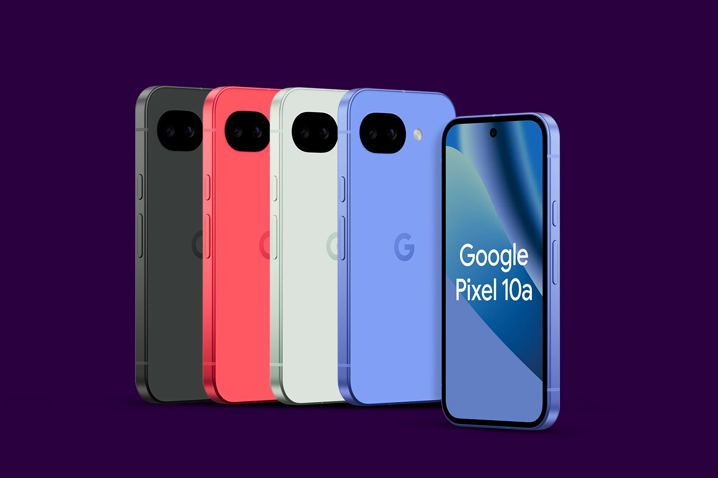Reklaminis „Google Pixel 10a“ telefonų vaizdas tamsiame violetiniame fone. Pavaizduoti juodas, koralinis, šviesiai pilkas ir mėlynas telefonai, matomi iš priekio ir nugarėlės. Priekyje matomas mėlynas modelis su ekrane rodomu pavadinimu „Google Pixel 10a“.