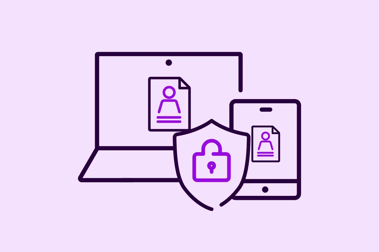 Šviesiai violetiniame fone pavaizduotos kompiuterio ir telefono piktogramos, su dokumento ikona jų viduje. Šalia yra spynos ikona, simbolizuojanti apsaugą