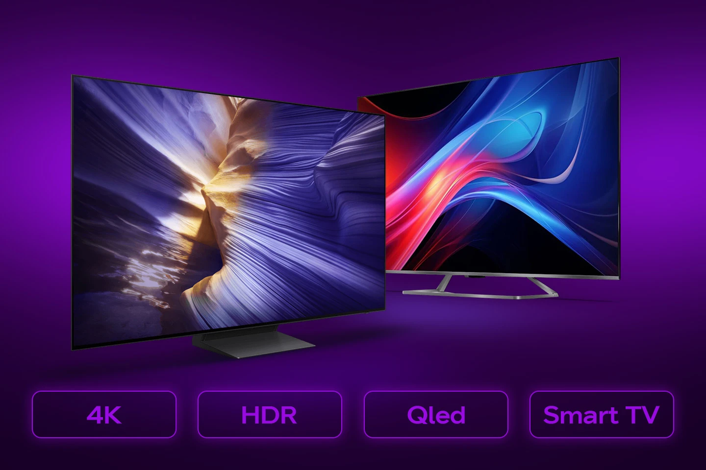 du televizoriai violetiniame fone su skirtingais jų tipais parašytais apačioje - 4K, HDR, QLED, Smart TV