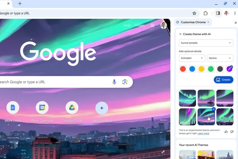 „Google Chrome“ nustatymų lange matomas dirbtinio intelekto įrankis, leidžiantis generuoti ir pritaikyti naršyklės temą pagal pasirinktus stilius bei spalvas.