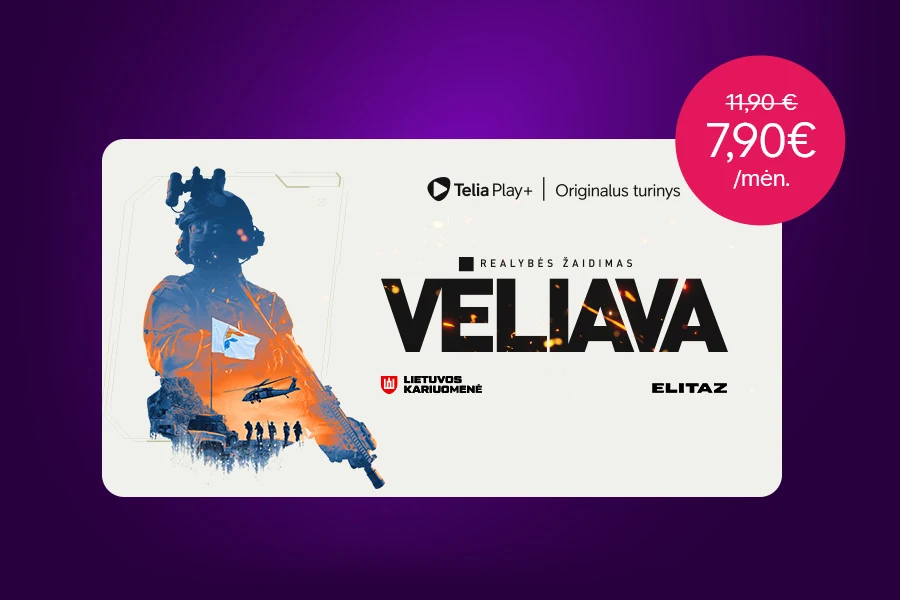 Telia Play+“ originalaus turinio „Vėliava“ reklama. Kairėje kariškio siluetas su karinės technikos vaizdais, dešinėje nurodyta akcijos kaina: 7,90 €/mėn. vietoje 11,90 €/mėn.