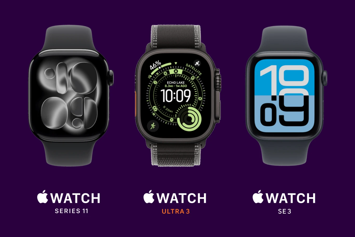 Vaizduojami trys laikrodžiai su eSIM: Apple Watch Series 11 LTE (aliuminis, sport band), Apple Watch Ultra 3 LTE (Trail) ir Apple Watch SE 3 LTE (aliuminis, sport band)