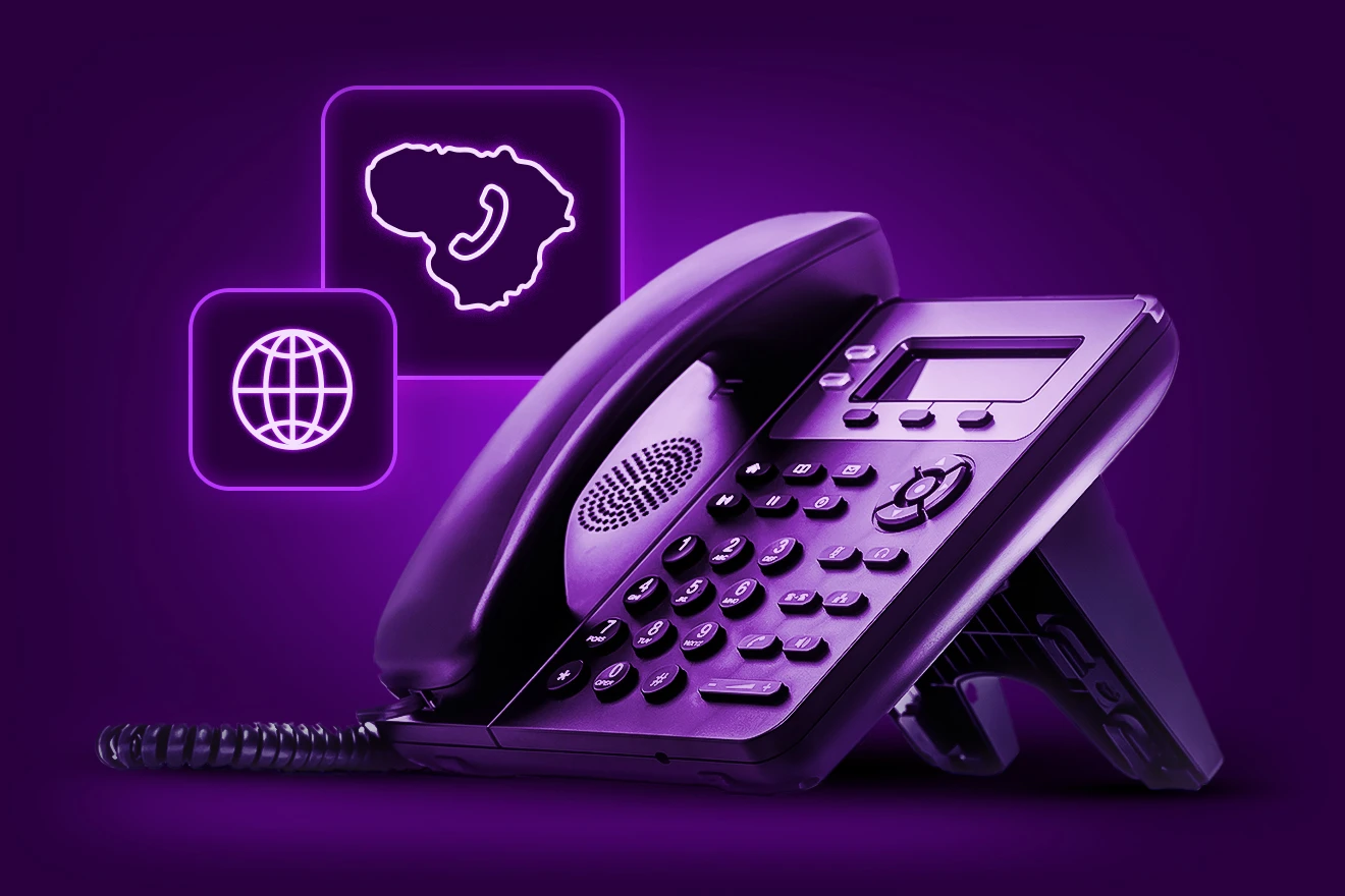 Tamsiai violetinis telefonas su rageliu ir dvi ikonos pasaulio ir žemėlapio
