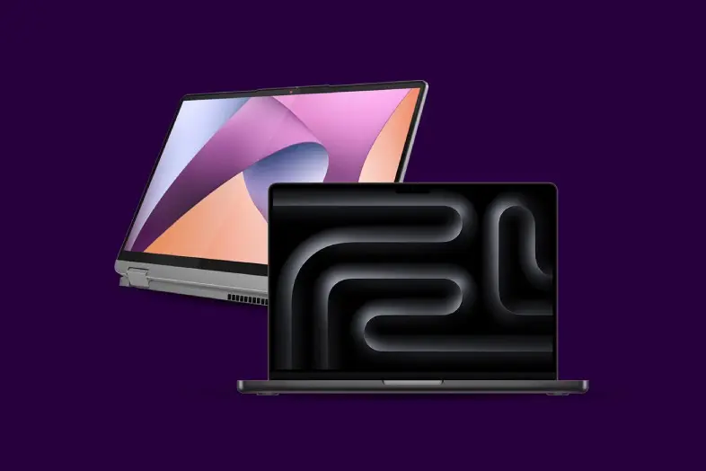 Du vidutinės klasės darbo kompiuteriai - „MacBook“ ir „Lenovo IdeaPad“.