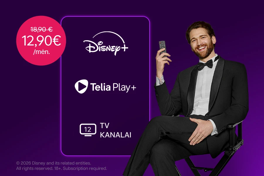 Aktorius Kęstutis Cicėnas prie Disney+, Telia Play+ ir TV kanalų plakatu už nugaros