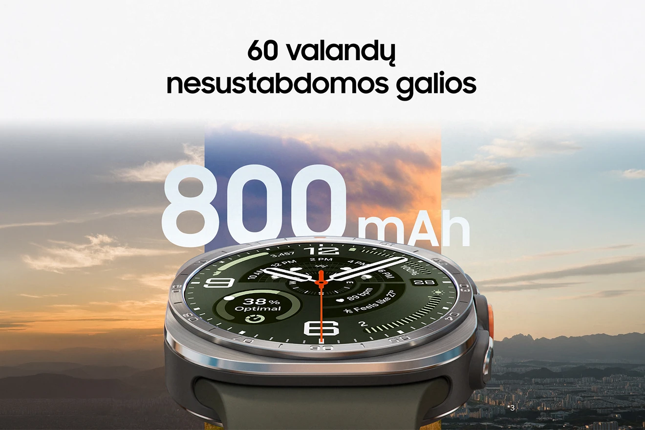 „Galaxy Watch Ultra2“ laikrodis ir užrašas: „60 valandų nesustabdamos galios“