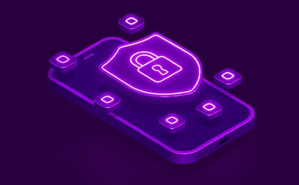 Violetinė Telia Safe piktograma iliustruotame violetiniame išmaniąjame telefone.