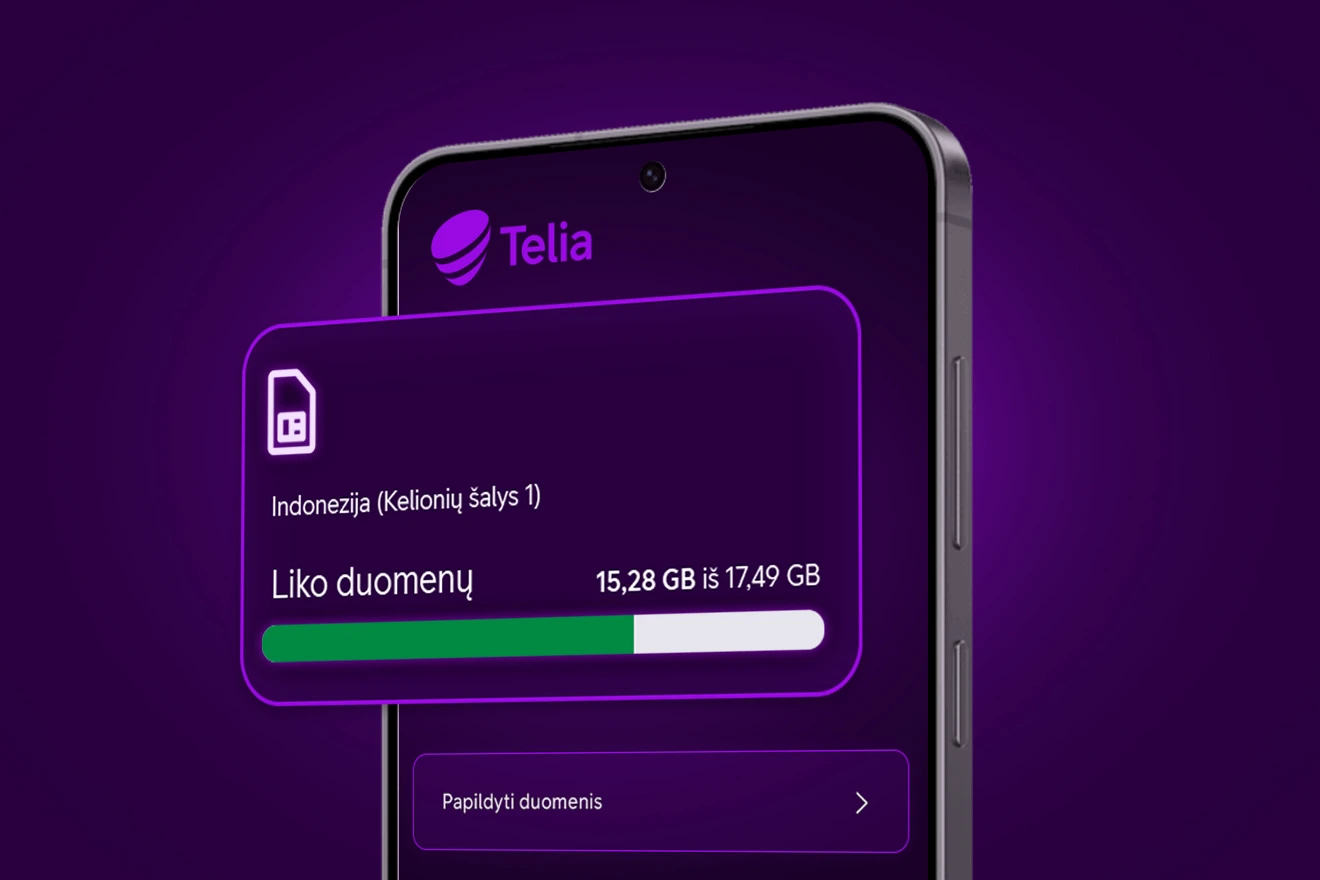 Telefone atvaizduojama Mano Telia programėlė, kurioje matosi, kiek liko mobilių duomenų užsienyje