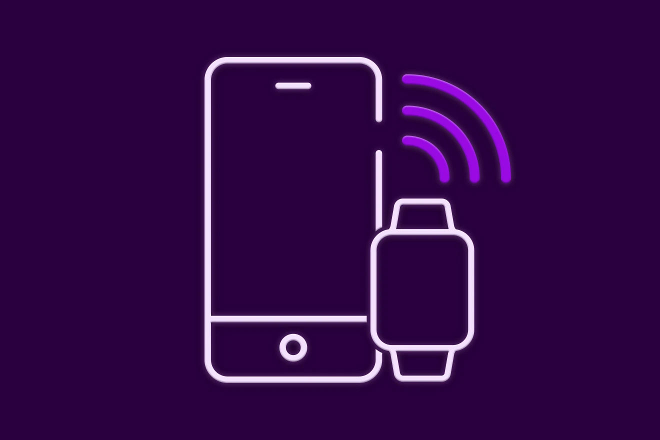 eSIM laikrodyje ar telefone - baltos ikonos violetiniame fone