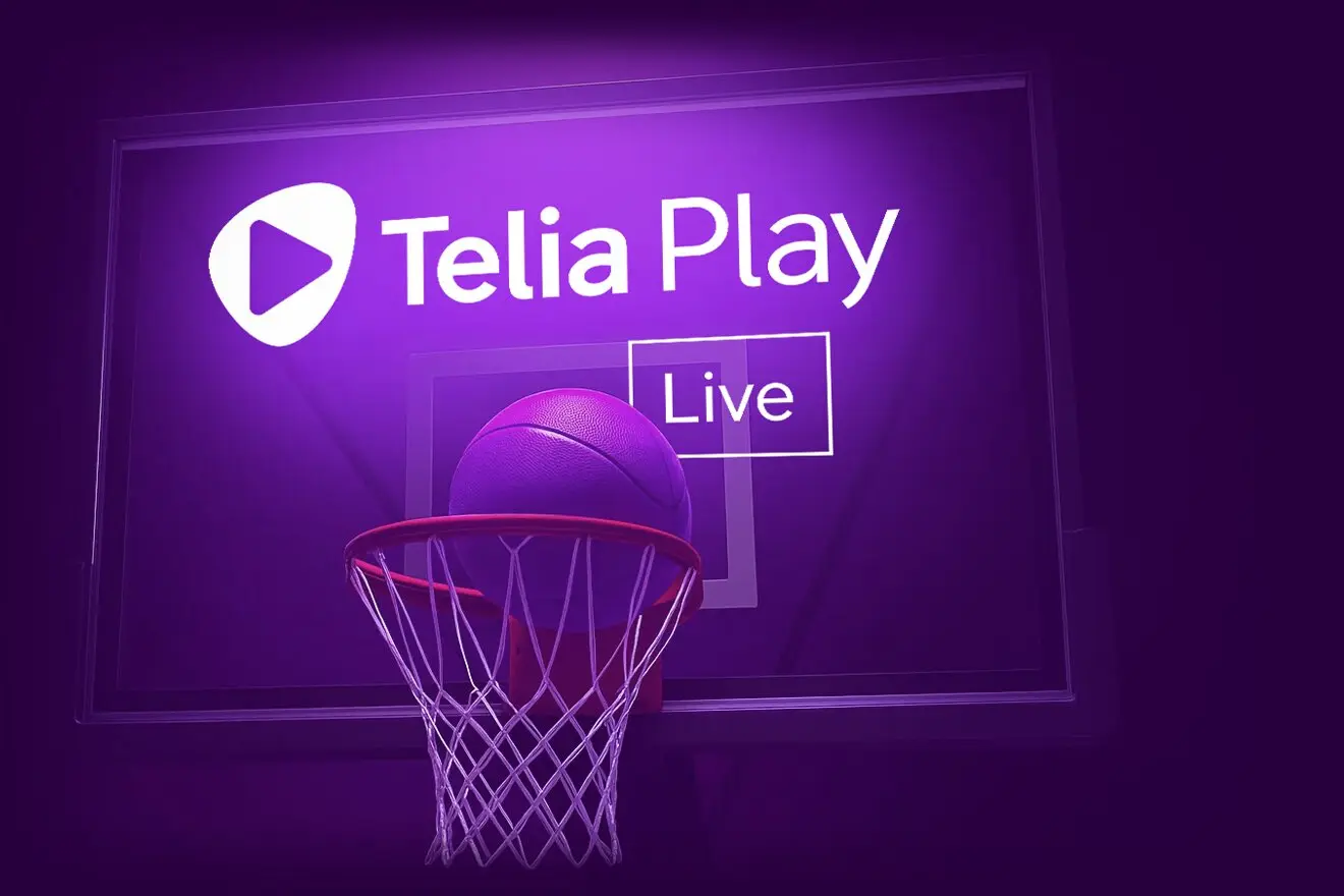 Krepšinio lankas su kamuoliu ir virš jo užrašas Telia Play Live.