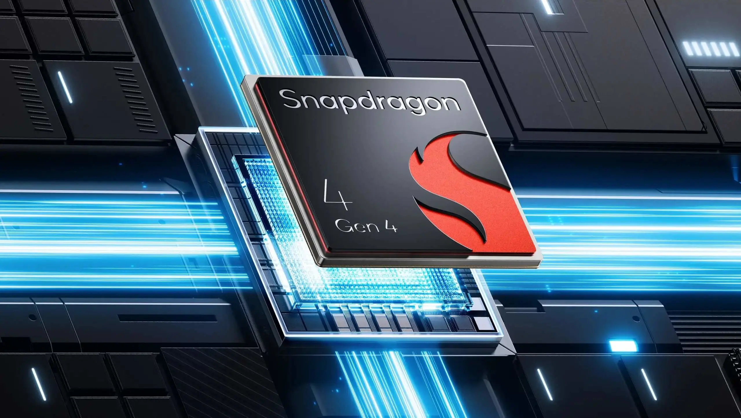 „Snapdragon 4 Gen 4“ procesoriaus iliustracija futuristiniame technologiškame fone. Mėlyni šviesos srautai pabrėžia našumą ir duomenų apdorojimo greitį.
