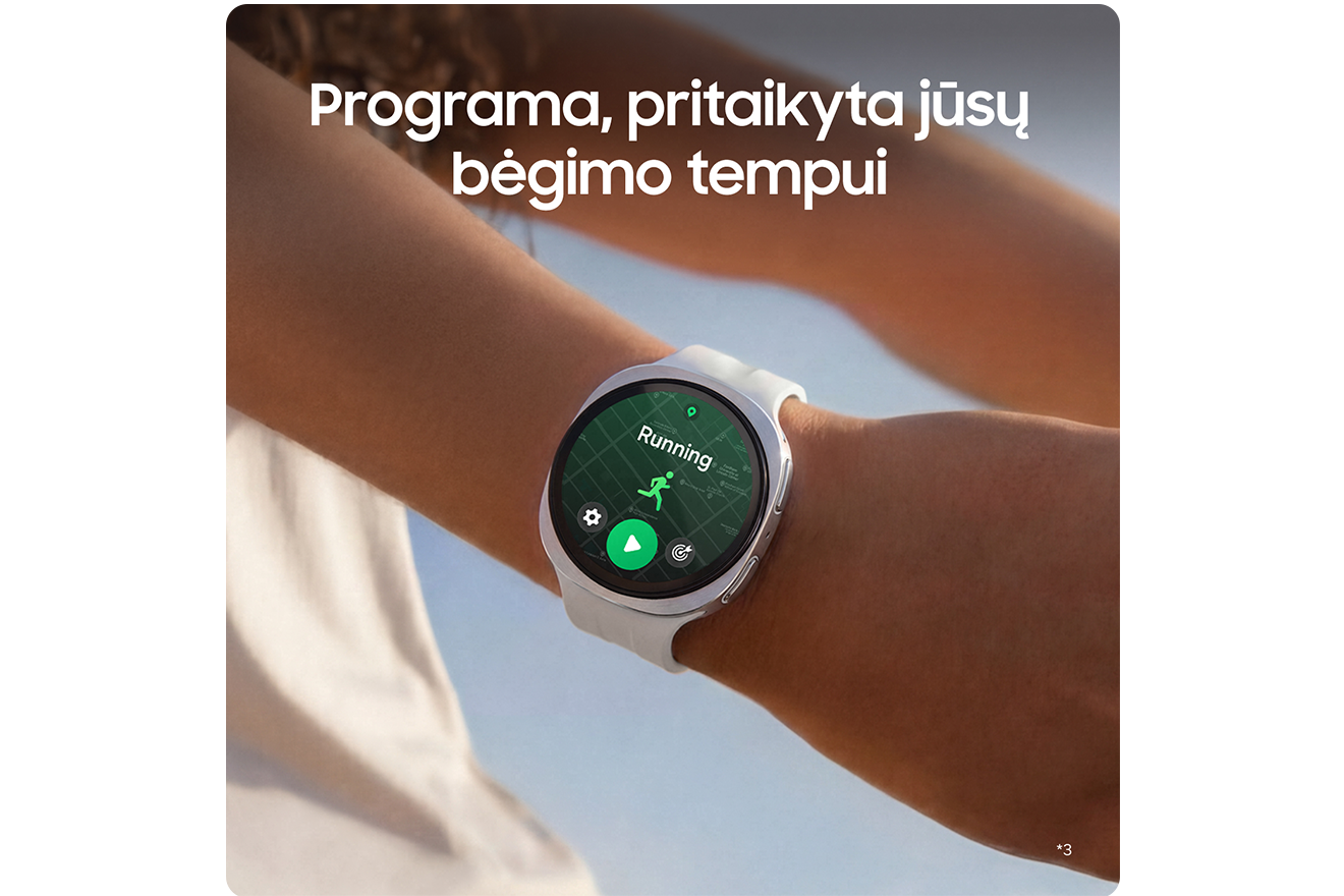 „Galaxy Watch9“ ir užrašas: „Programa, pritaikyta jūsų bėgimo tempui“