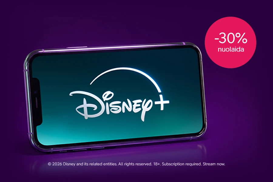 Išmanusis telefonas su Disney+ logotipu ekrane, violetiniame fone matoma 30 % nuolaidos žyma.