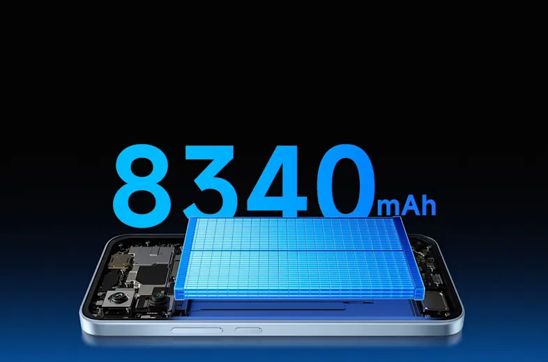 Telefono vidinės konstrukcijos vaizdas su išryškinta mėlyna baterija. Viršuje pateiktas užrašas „8340 mAh“, pabrėžiantis baterijos talpą.