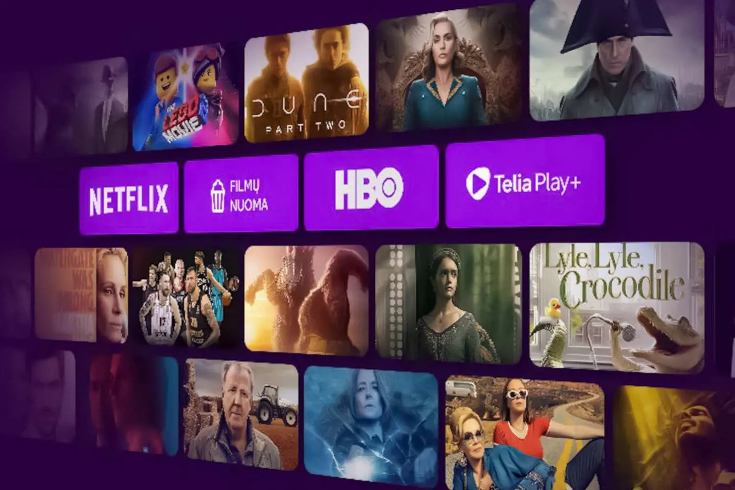 Įvairių filmų, serialų koliažas violetiniame fone su Netflix, HBO ir Telia Play logotipais