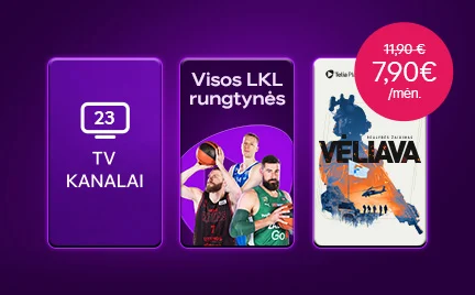Akcijos pasiūlymas violetiniame fone: 23 TV kanalai, visos LKL rungtynės ir realybės šou „Vėliava“. Rodoma kaina 7,90 €/mėn., sena kaina 11,90 €.