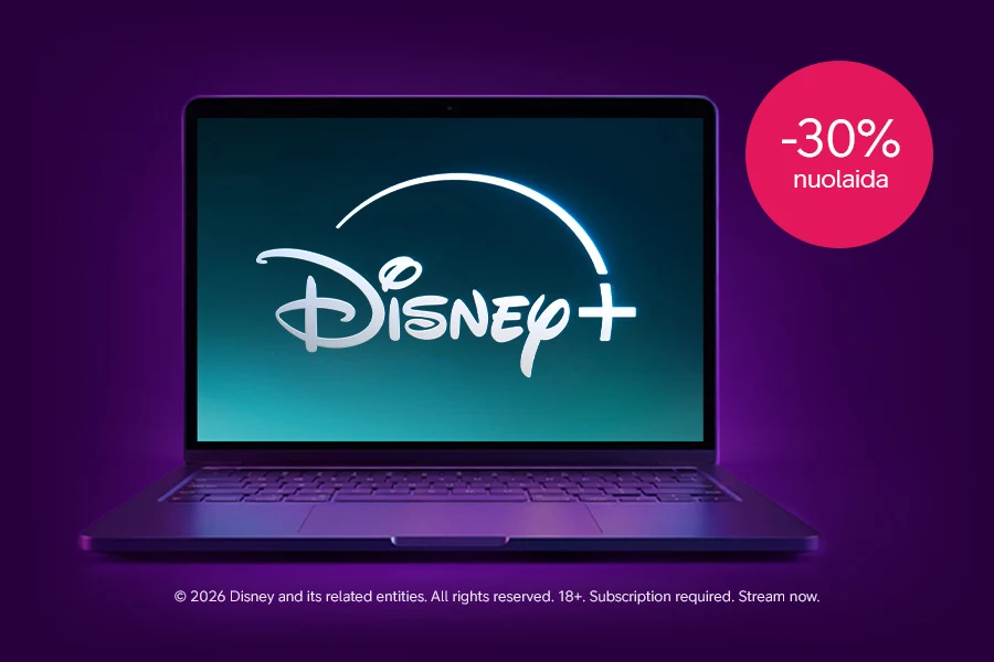 Nešiojamas kompiuteris su Disney+ logotipu ekrane, violetiniame fone matoma 30 % nuolaidos žyma.