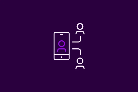 Telefono ikonėlė su dvejomis žmogeliukų ikonėlėmis šone violetiniame fone