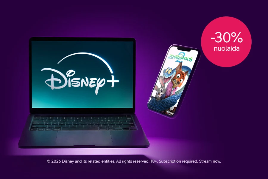 Nešiojamas kompiuteris su Disney+ logotipu ekrane ir išmanusis telefonas, kuriame matomas Zootropolis 2 plakatas, violetiniame fone su 30 % nuolaidos žyma.
