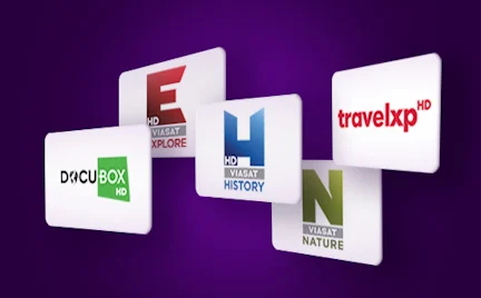 Pažintinių kanalų kortelės ant violetinio fono: DocuBox HD, Viasat Explore HD, Viasat History HD, Viasat Nature ir Travelxp HD