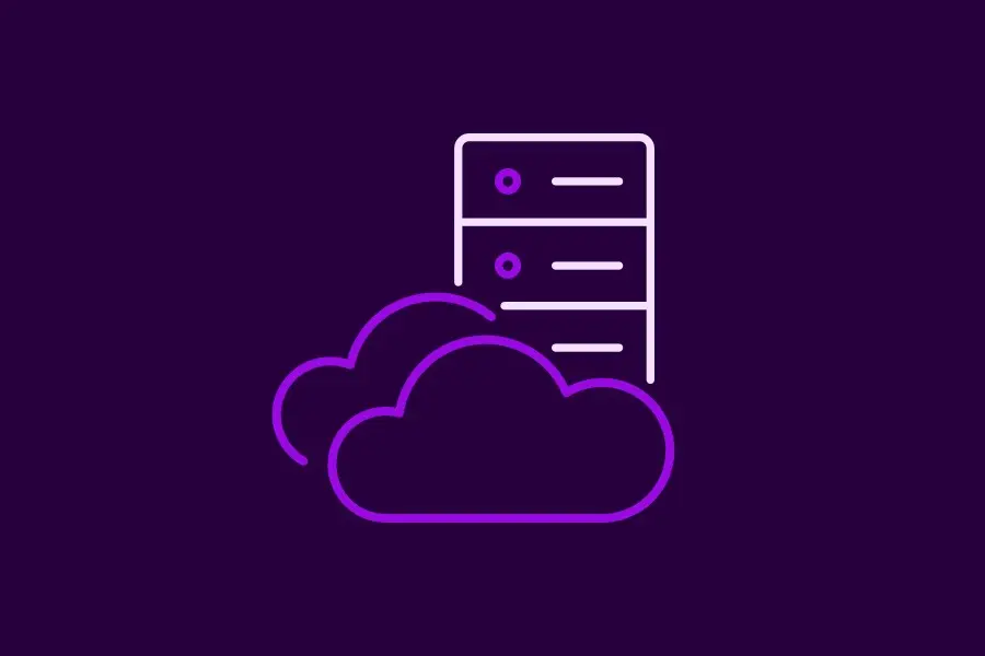 Debesies ir serverio piktogramos violetiniame fone, simbolizuojančios svetainių bei duomenų talpinimą