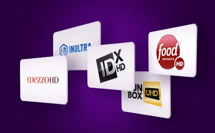 Laisvalaikio ir pramoginių kanalų kortelės ant violetinio fono: Mezzo HD, Inultra, ID X HD, Food Network HD ir FunBox UHD