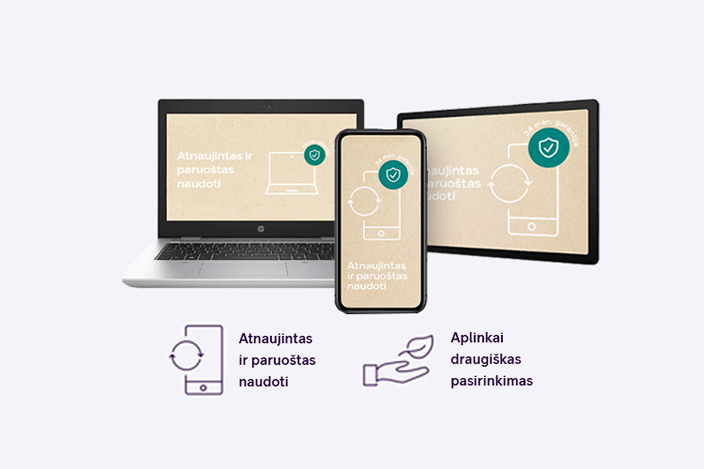 Nešiojamas kompiuteris, išmanusis telefonas ir planšetė su žyma „Atnaujintas ir paruoštas naudoti“. Apačioje pateiktos piktogramos, pabrėžiančios atnaujinimą ir aplinkai draugišką pasirinkimą.