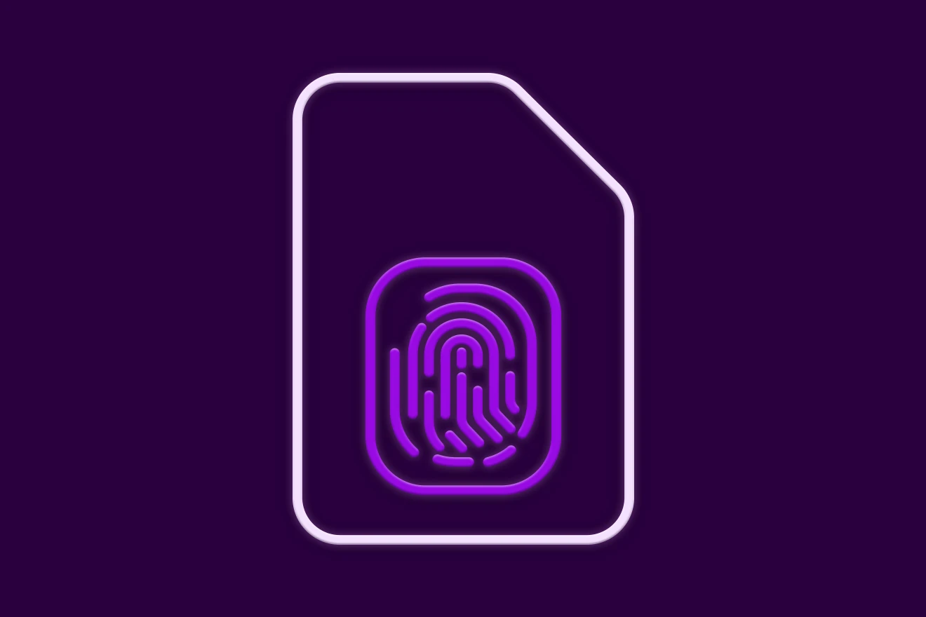 SIM kortelės ikonėlė su piršto atspaudu viduje violetiniame fone