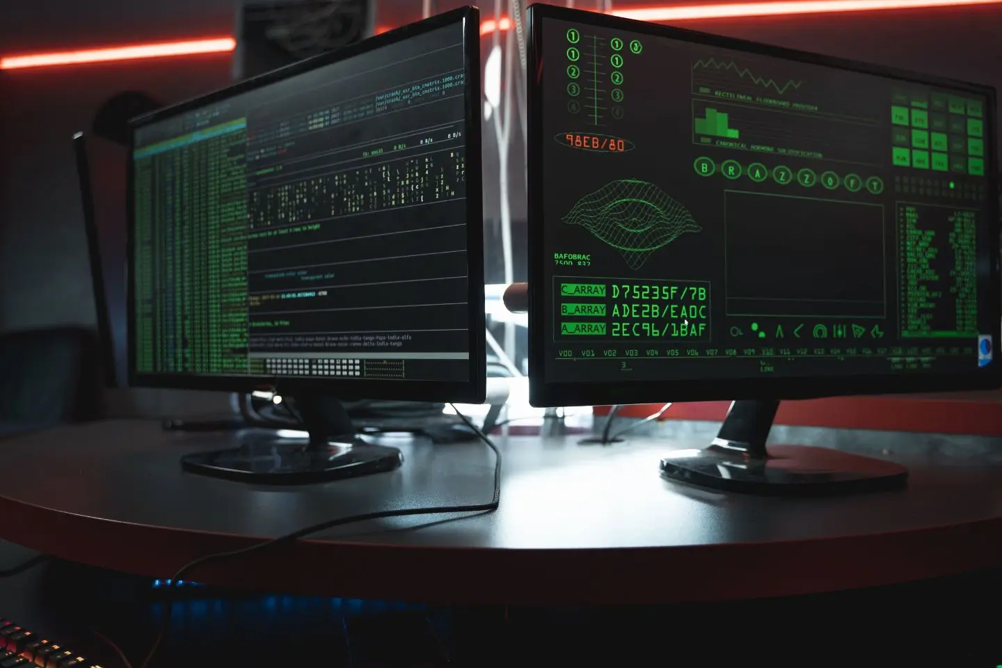 Du monitoriai ant darbo stalo rodo programavimo kodą, sistemas primenančius duomenų langus ir grafikus. Tamsi aplinka apšviesta raudonomis ir žaliomis šviesomis.