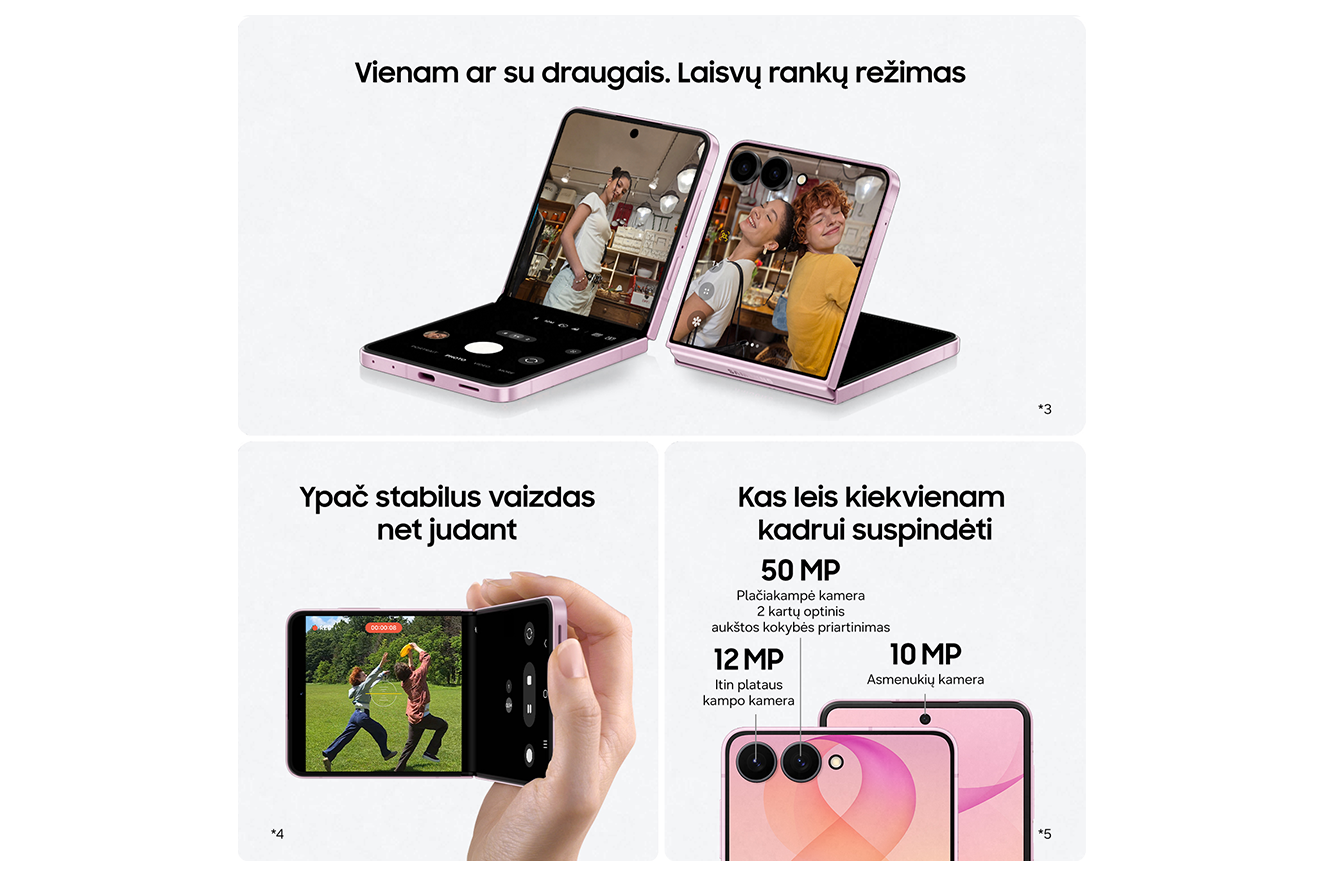 Tris „Galaxy Flip8“ nuotraukų kortelės su pagrindinėmis savybėmis ir užrašai: „Vienam ar su draugais. Laisvų rankų režimas“, „Ypač stabilus vaizdas net judant“, „Kas leis kiekvienam kadrui suspindėti“