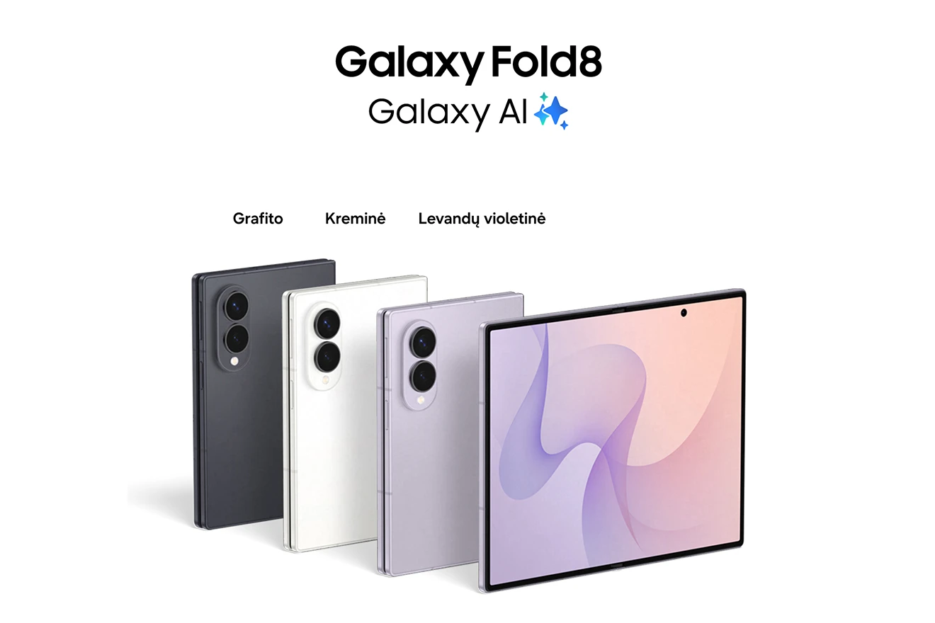 Trijų spalvų „Galaxy Fold8“ telefonai: grafito, kreminė ir levandų violetinė