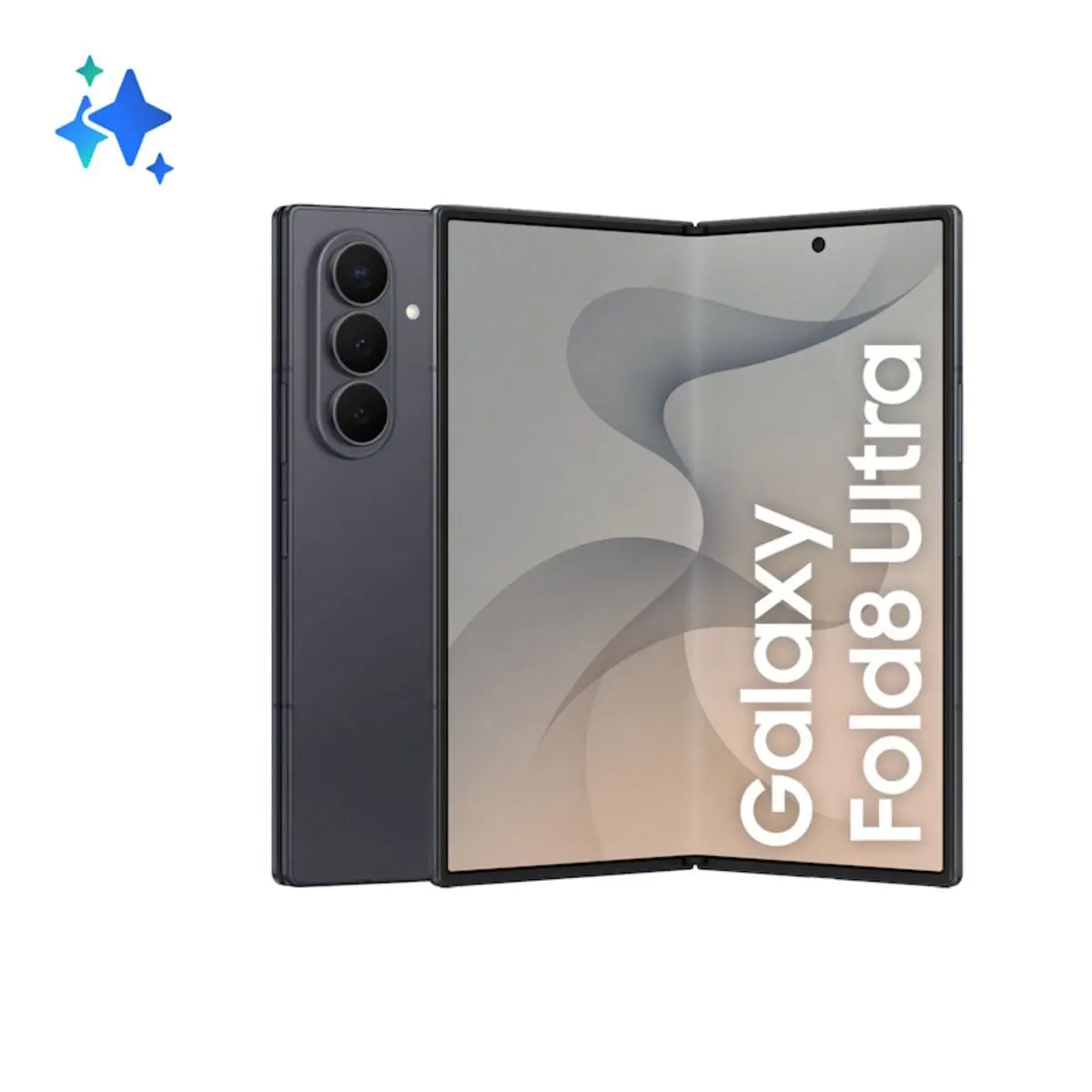 Šiek tiek sulenktas Samsung Galaxy Fold8 Ultra telefonas su dirbtinį intelektą perteikiančiomis mėlynomis žvaigždutėmis kairiame viršutiniame kampe.