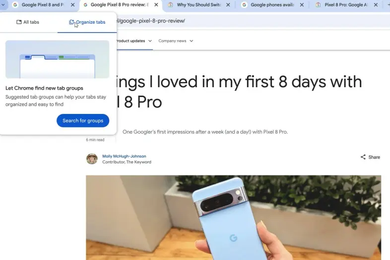 „Google Chrome“ naršyklėje rodomas dirbtinio intelekto įrankis, siūlantis automatiškai sugrupuoti atidarytus skirtukus ir tvarkyti naršymo langus.