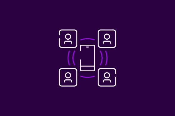 Telefono ikona su žmogeliukais aplink violetiniame fone