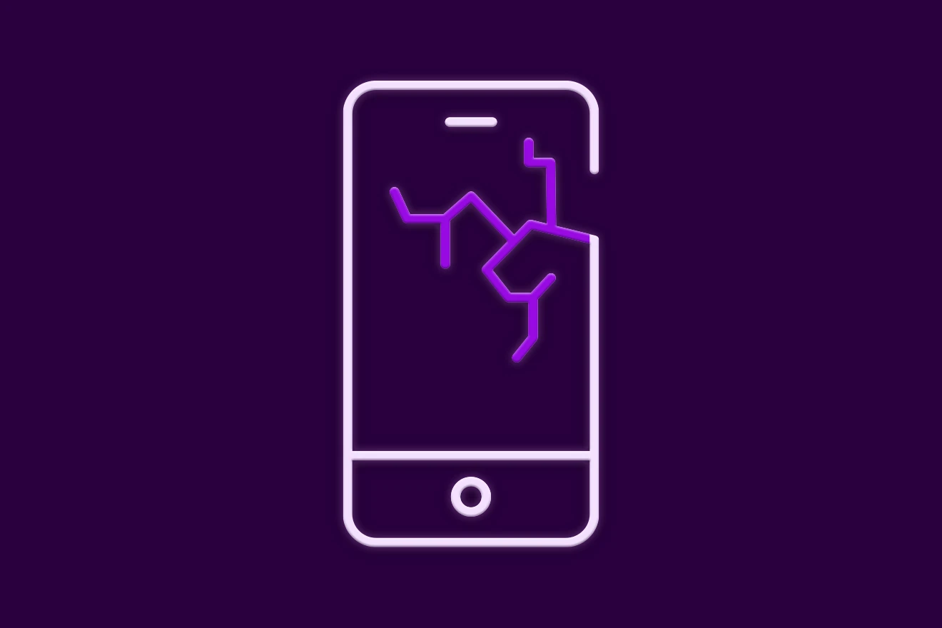 Balta sudužusio telefono ikonėlė violetiniame fone