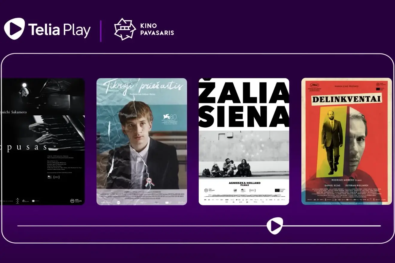 Reklaminis vizualas su „Telia Play“ ir „Kino pavasario“ logotipais bei kelių filmų plakatais violetiniame fone.