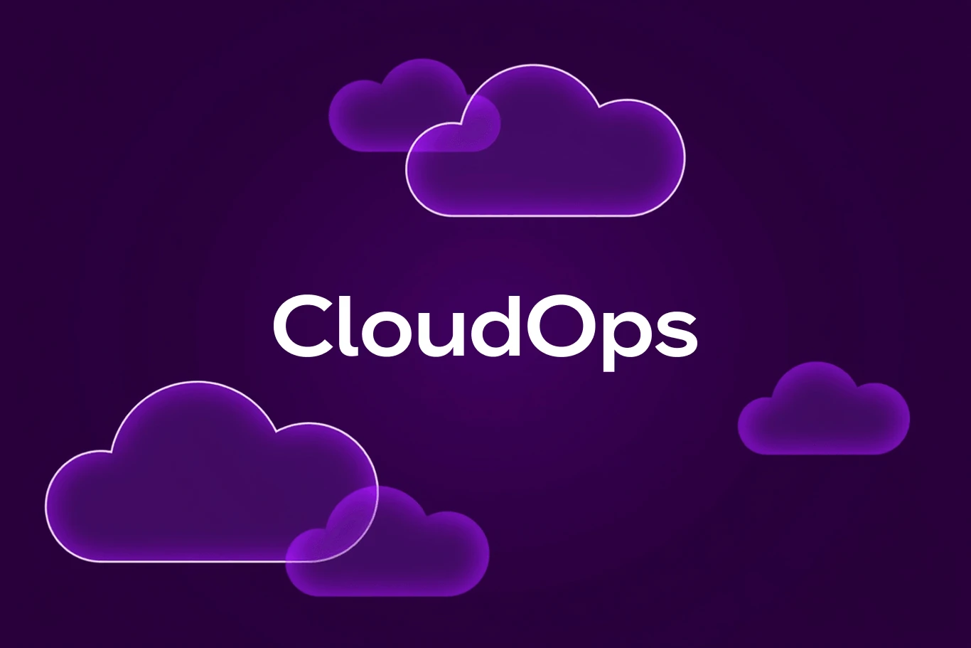 Iliustruoti violetiniai debesėliai ir pavadinimas "CloudOps" centre
