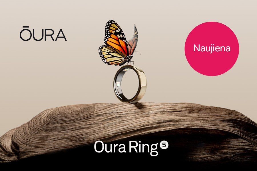 Auksinis „Oura Ring 5“ išmanusis žiedas su oranžiniu drugeliu – naujiena sveikatos stebėjimui