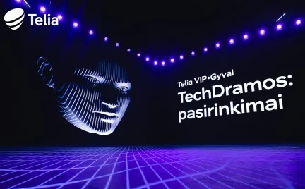 „Telia VIP Gyvai“ renginio reklaminis vaizdas su stilizuotu skaitmeniniu veidu, violetiniu tinkleliu ir užrašu „TechDramos: pasirinkimai“